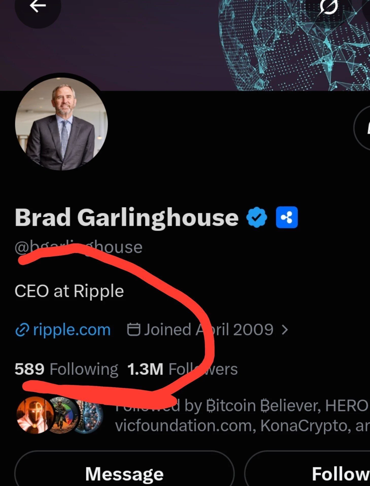 Profile screenshot of Brad Garlinghouse with 589 Following circled in red