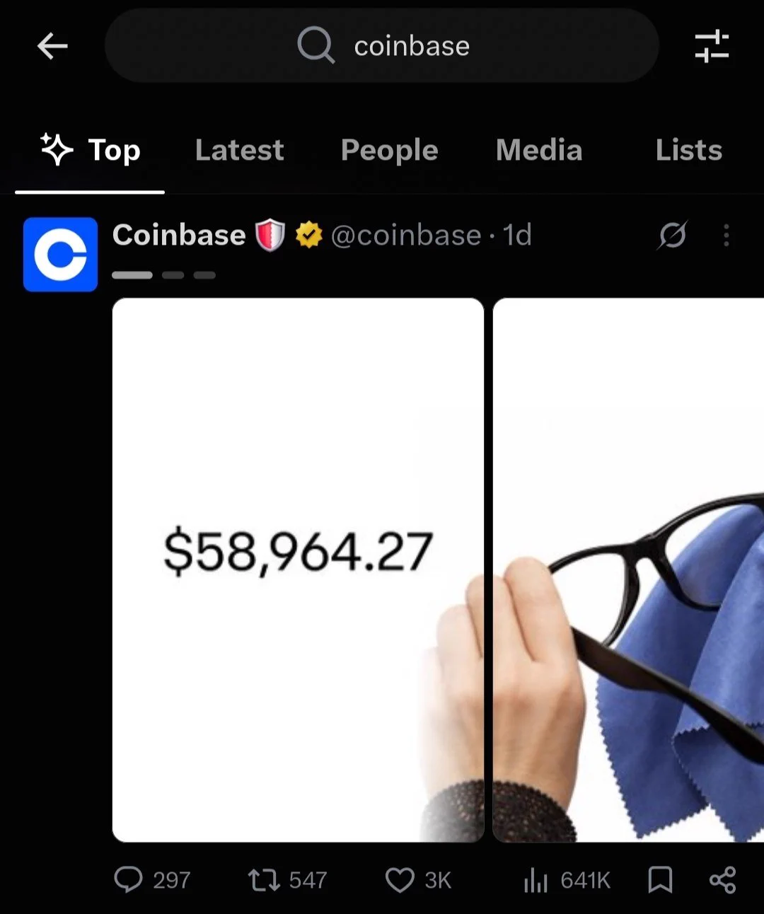 Screenshot showing Coinbase’s post with $58,964.27